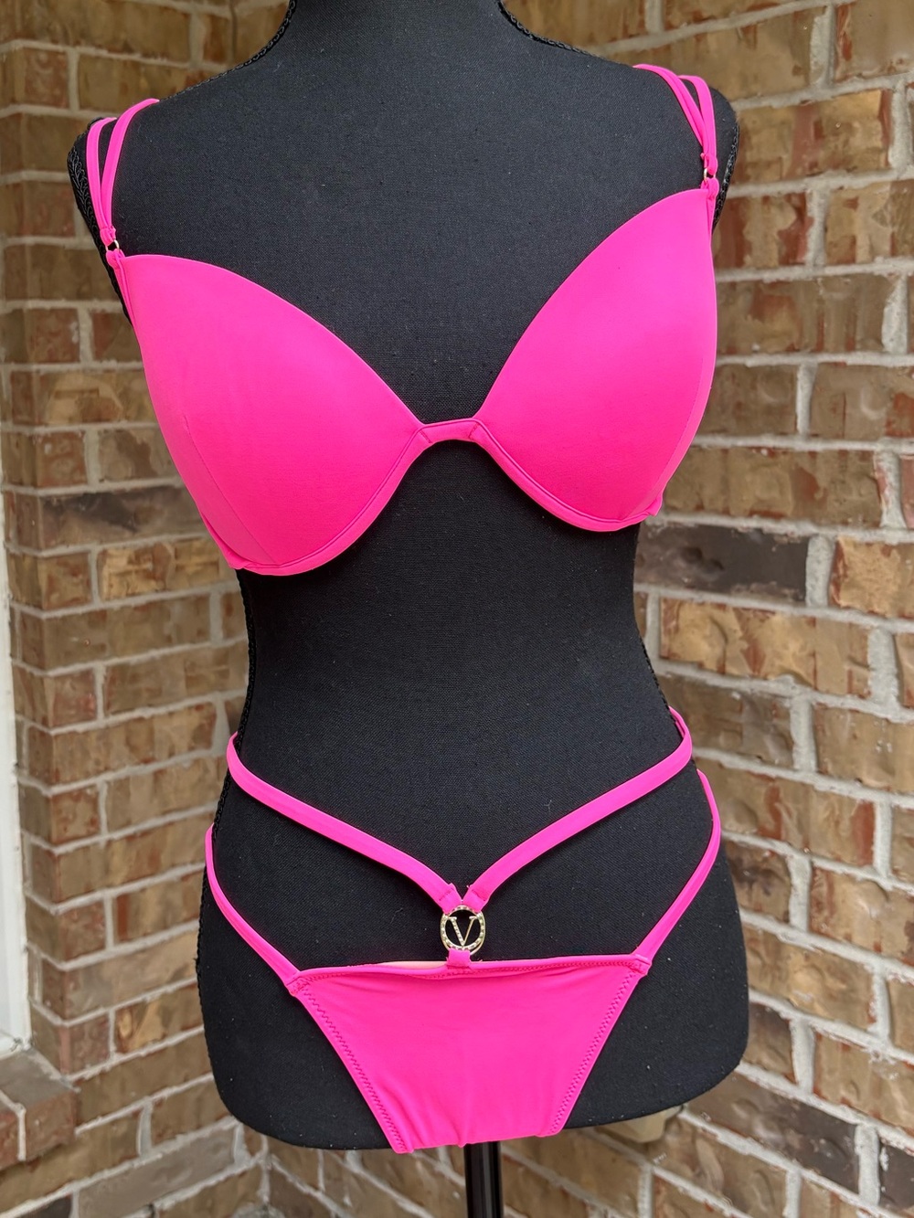 Victoria's Secret Hot Pink Strappy Bikini Set with Gold Ring